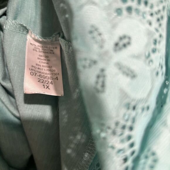 Roamans Top Womens 22 24 1X Blue Pintucked Lace Hem V Neck Stretch Blouse Ladies - Picture 7 of 8